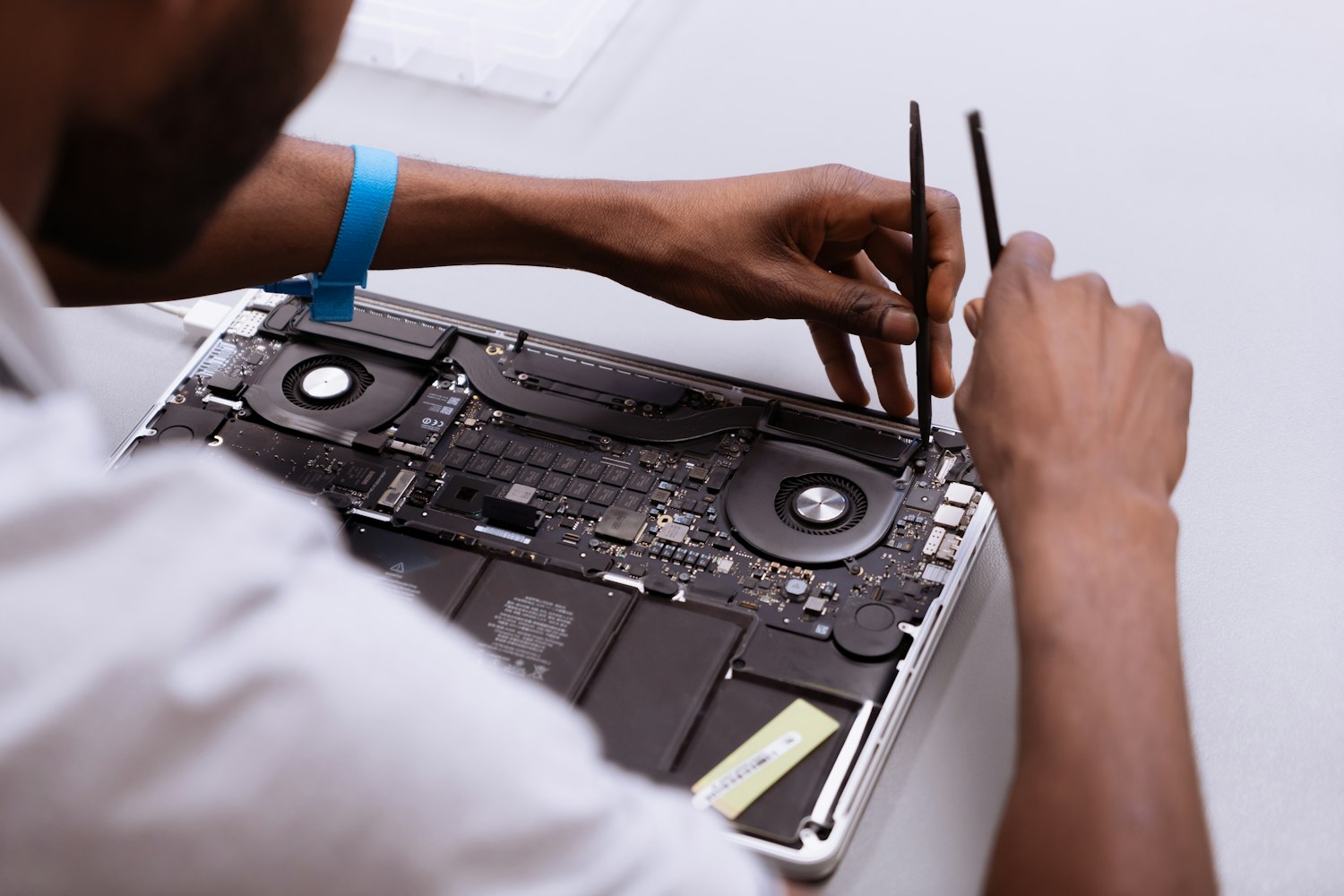 A technician working a problem