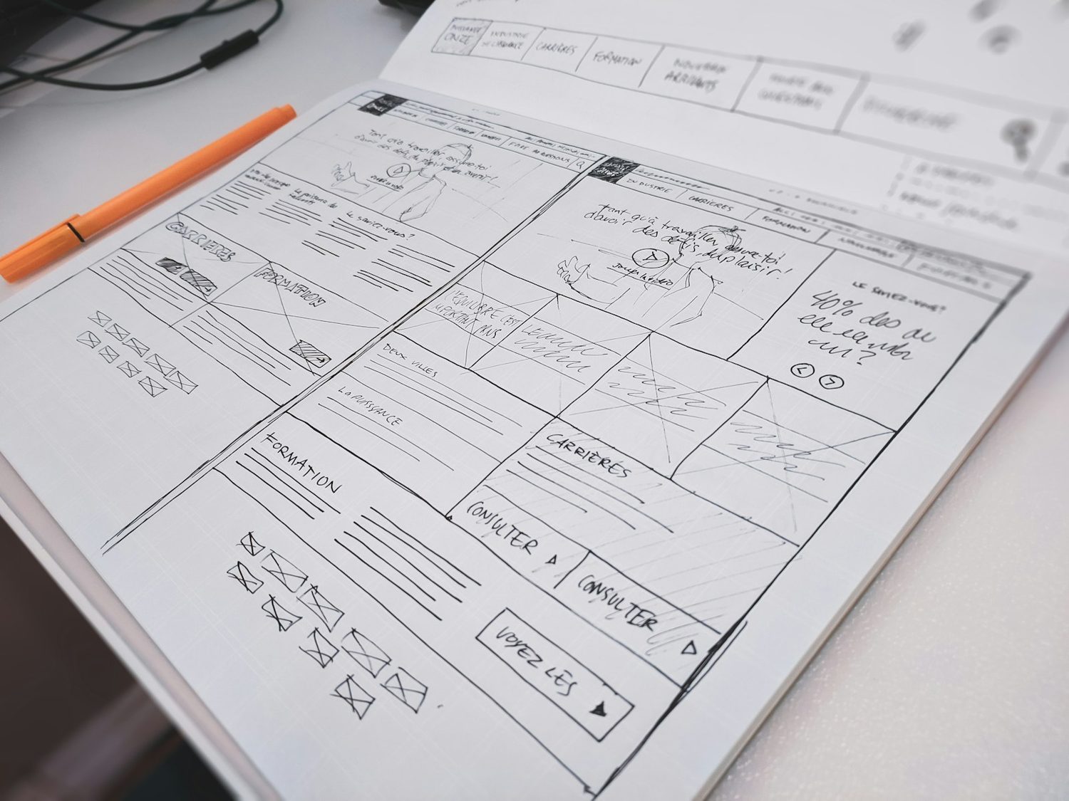 Hand-drawn app screen wireframes on paper