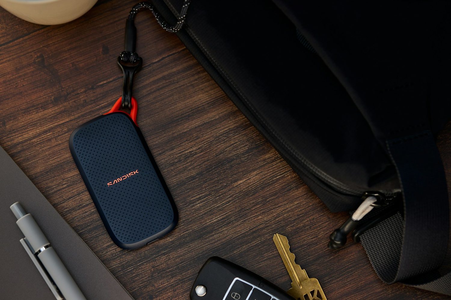A portable SSD drive on a desk