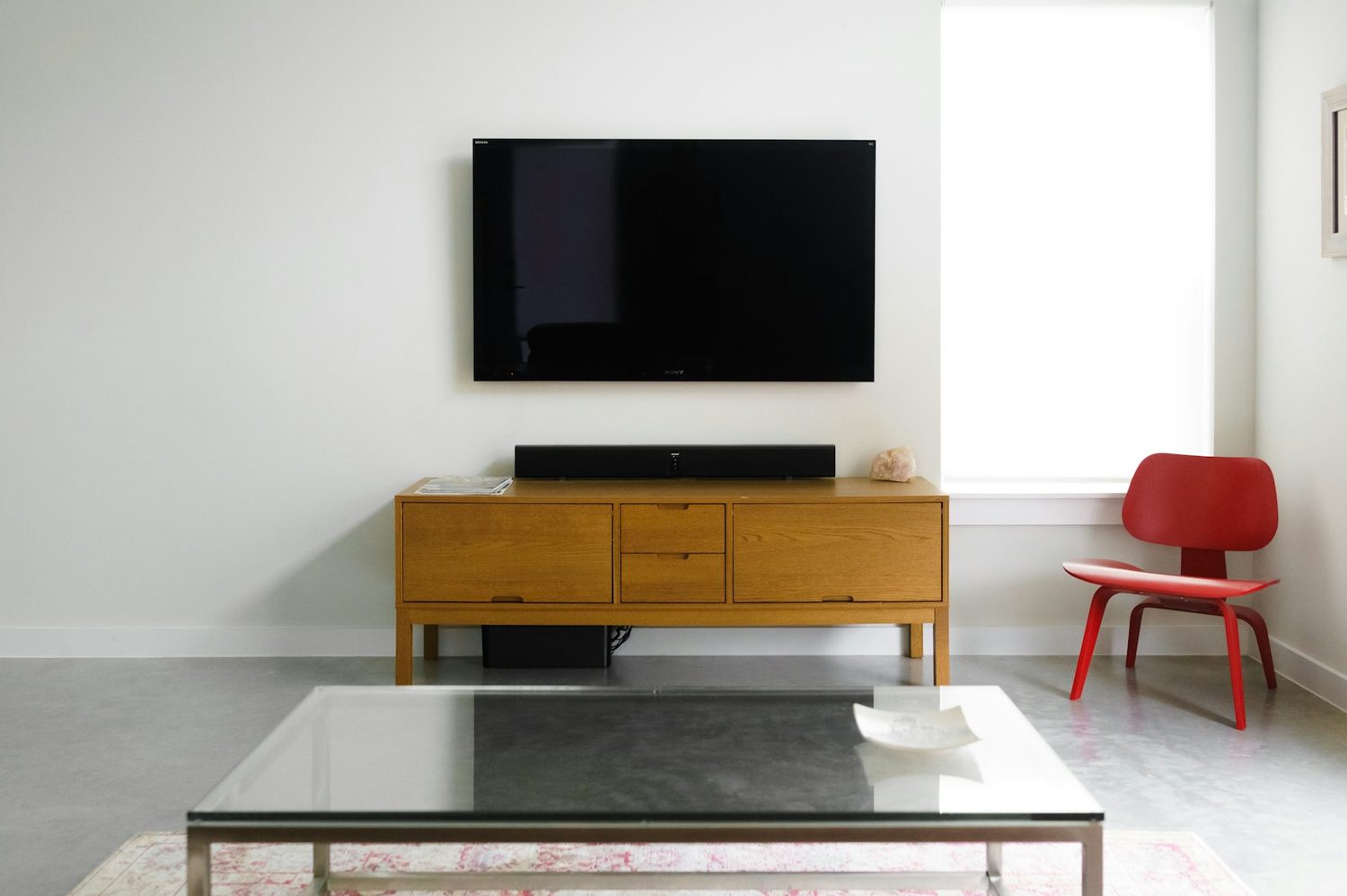 A wall-mounted television in a living room
