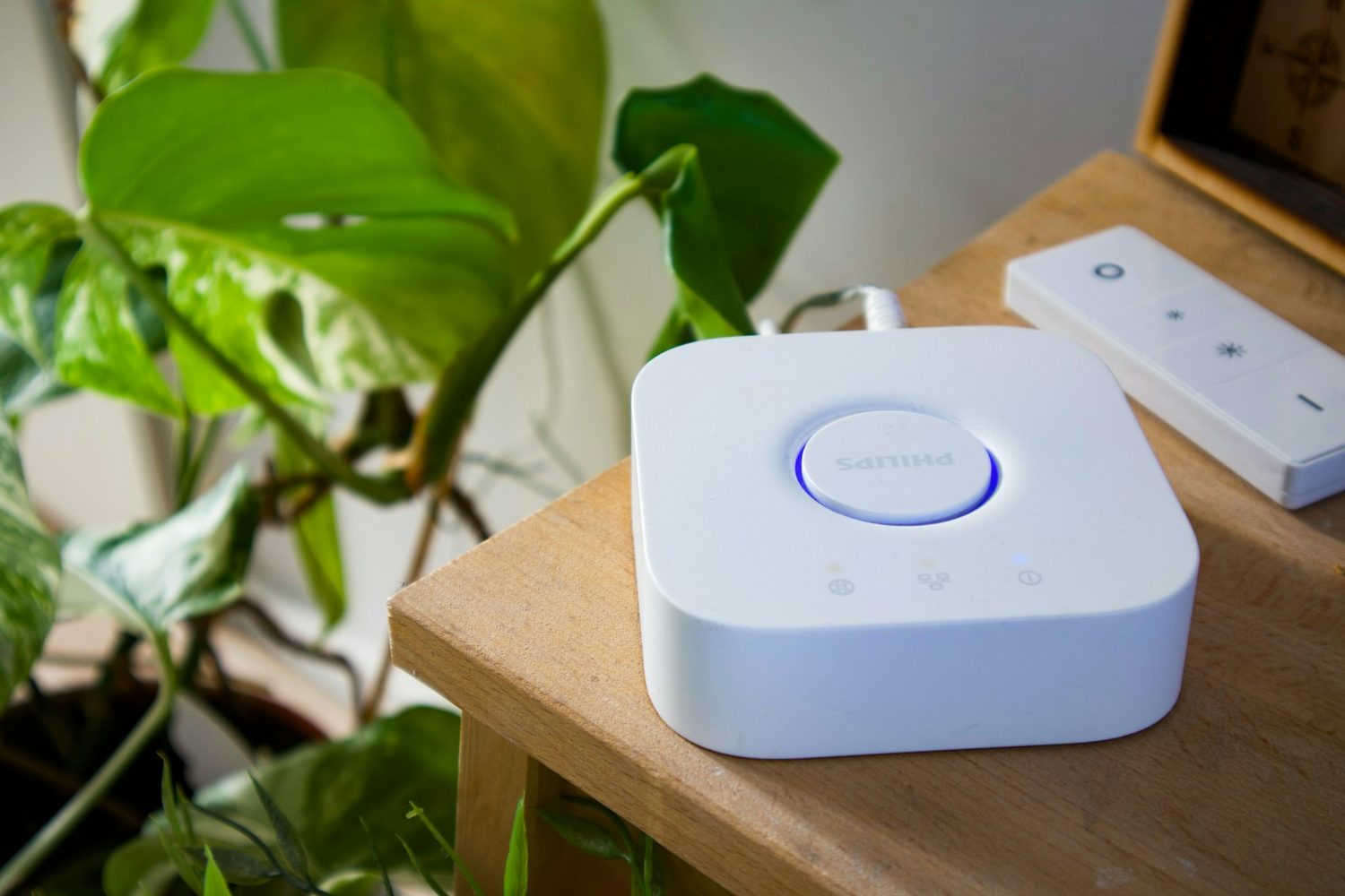 A smart home hub on a side table